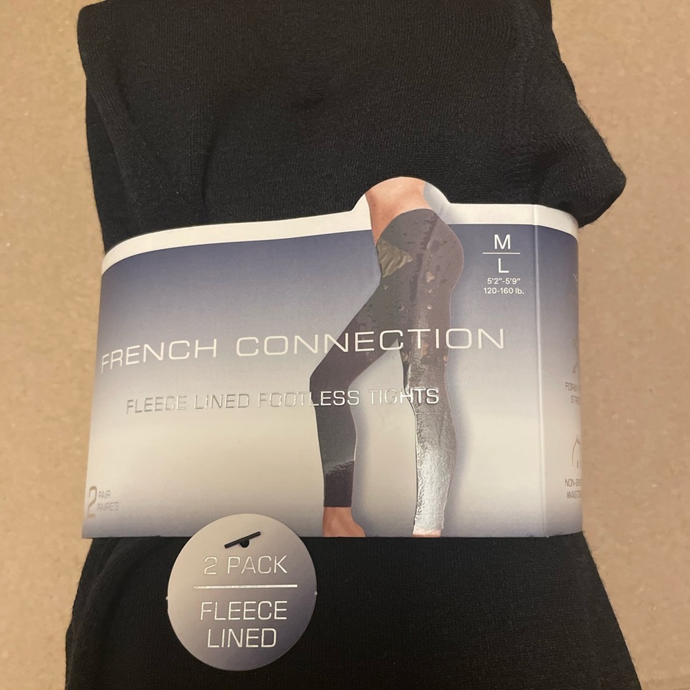 NWT - French Connection Black Fleece Lined Footless Tights 2 Pack M/L Leggings